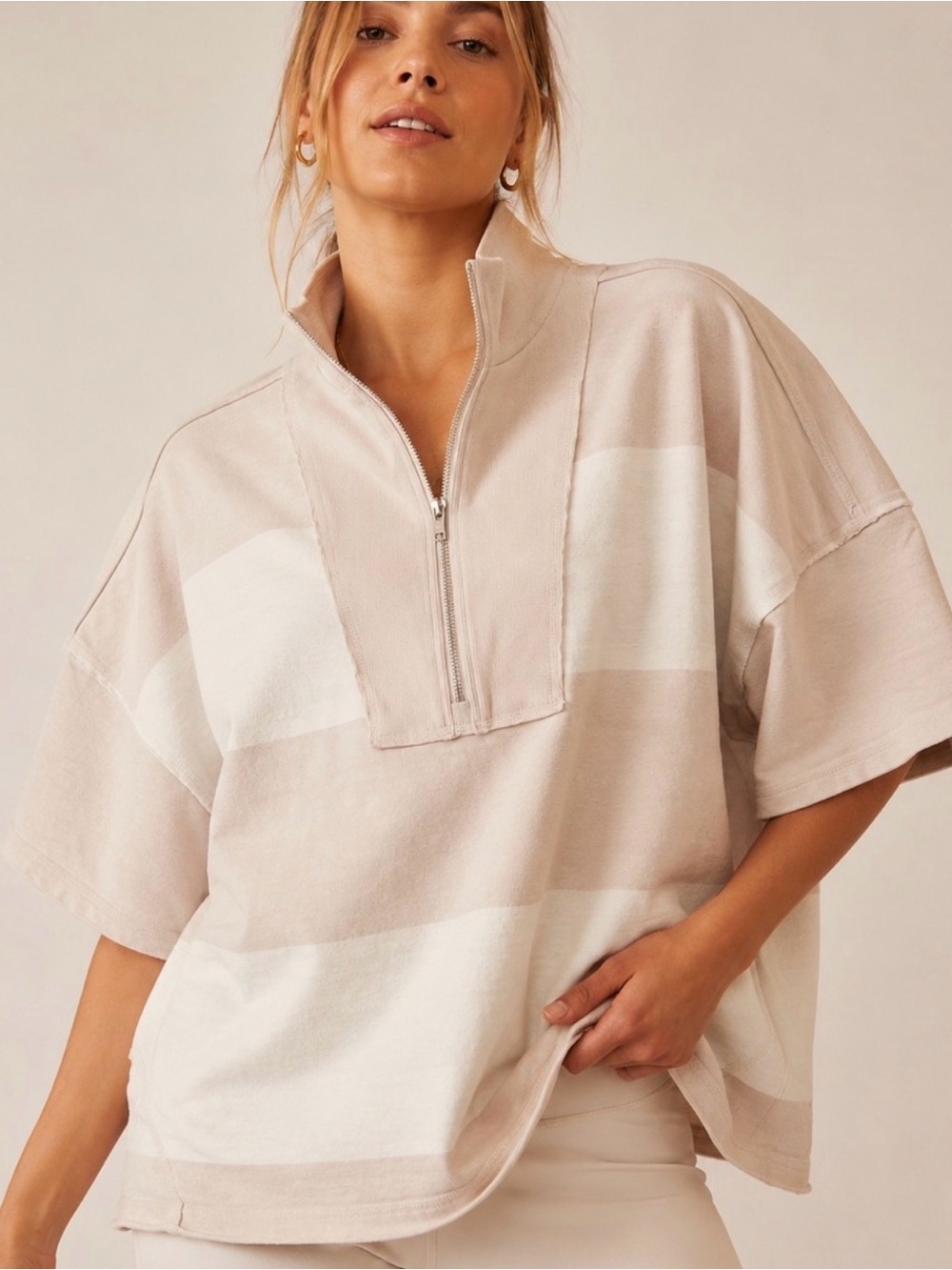 Free People Beige and White Striped Half-Zip Pullover